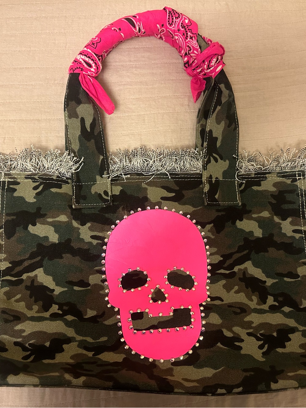 Womens Camouflage fringed Tote Bag with Hot Pink studded Skull Accent